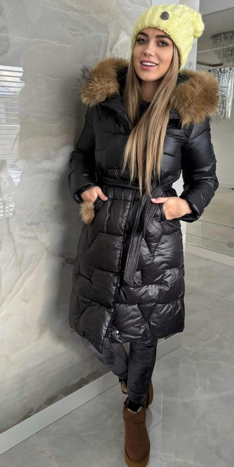 Płaszcz zima, zimowy ortalion, midi, pasek, futro JENOT, Czarny XL/2XL-42/44 - obrazek 4